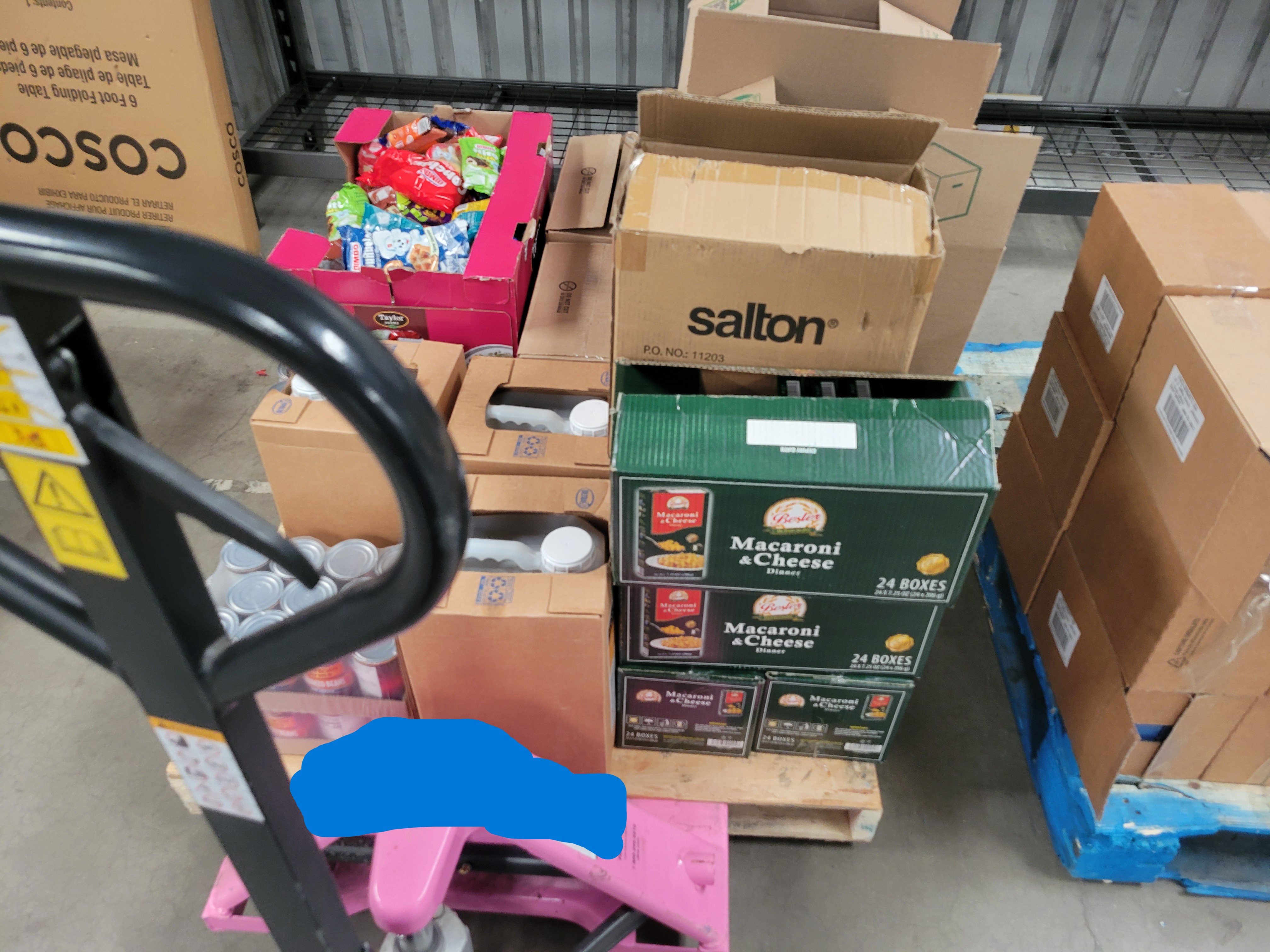 Pallet full of different boxes of food on a pallet jack.